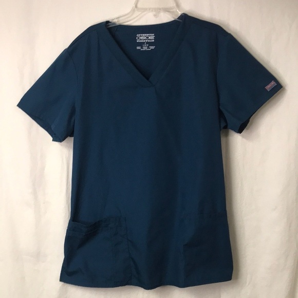 Cherokee Work Wear Scrub Top Size L Teal Short Sleeves Stretchy Side Panels - Picture 1 of 14